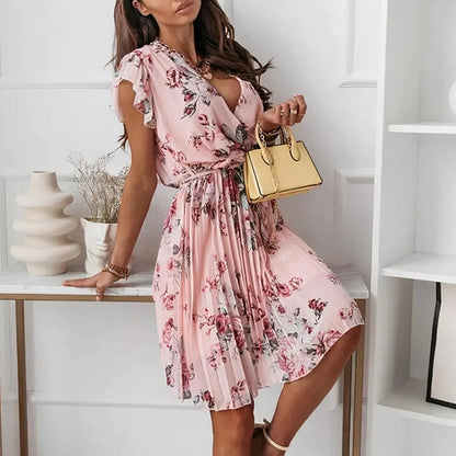 Women's Floral Dress - Wrap V-Neck - Short Ruffle Sleeve - Knee-Length Elegant Fit