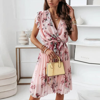 Women’s A-line Dress – V-neck – Ruffled Sleeves – Pleated Skirt – Breathable Blend