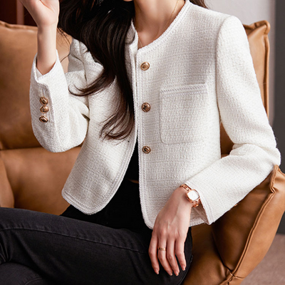 Women’s Tweed Blazer – Structured Fit – Cropped Length – Button Front – Round Neckline