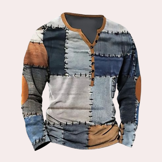 Men’s Sweater – Regular Fit – Cotton Blend – Patchwork Detail – Button Neck – Casual Wear