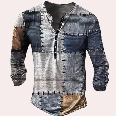 Men’s Sweater – Regular Fit – Cotton Blend – Patchwork Detail – Button Neck – Casual Wear