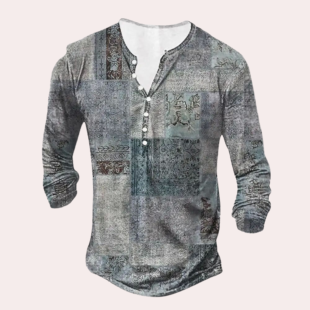 Men’s Sweater – Regular Fit – Cotton Blend – Patchwork Detail – Button Neck – Casual Wear