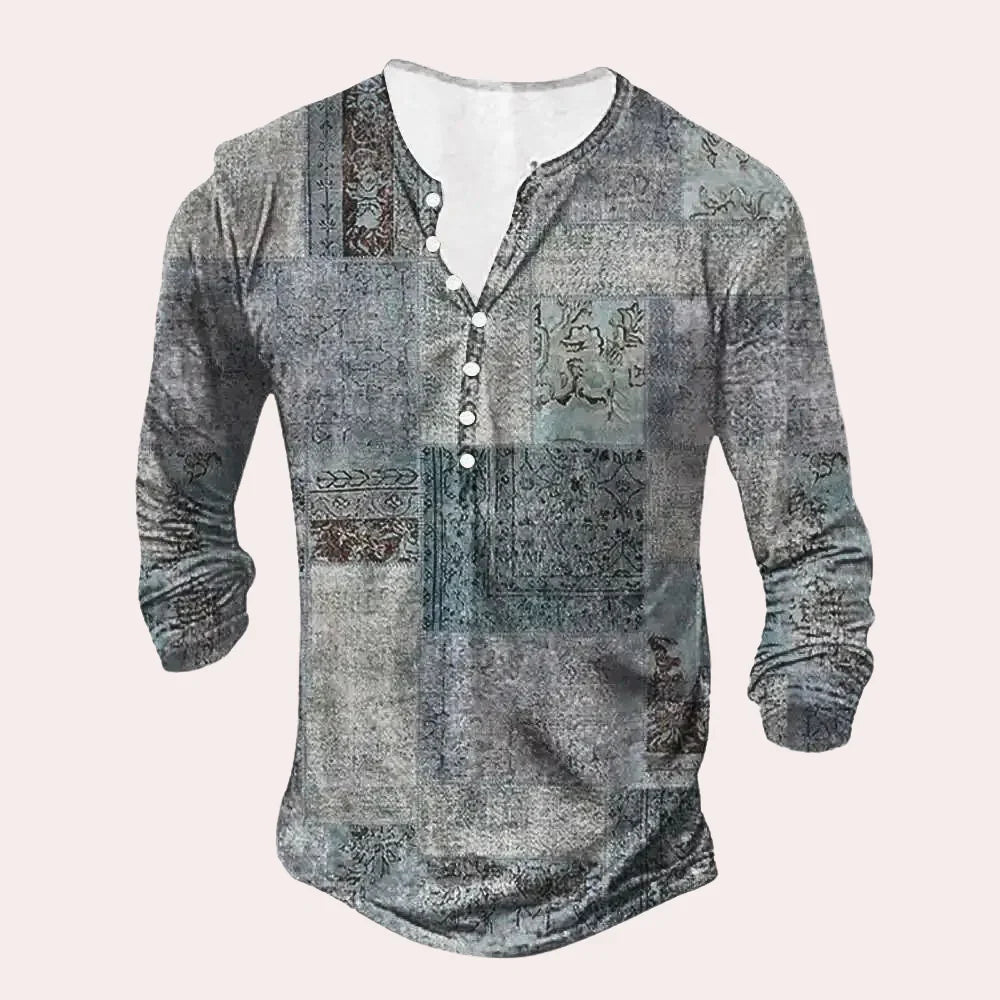 Men’s Henley Shirt – Relaxed Fit – Soft Knit – Long Sleeve – Patchwork Design