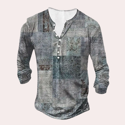 Men’s Sweater – Regular Fit – Cotton Blend – Patchwork Detail – Button Neck – Casual Wear