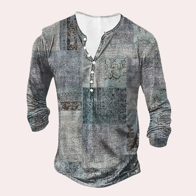 Men’s Henley Shirt – Relaxed Fit – Soft Knit – Long Sleeve – Patchwork Design