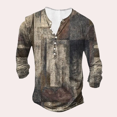 Men’s Sweater – Regular Fit – Cotton Blend – Patchwork Detail – Button Neck – Casual Wear