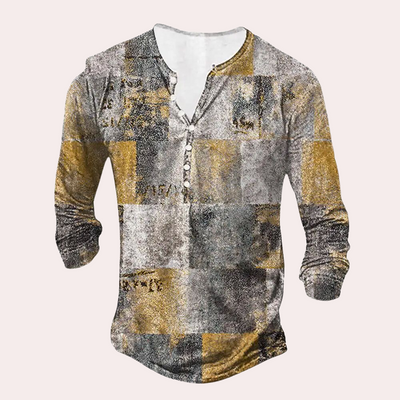 Men’s Sweater – Regular Fit – Cotton Blend – Patchwork Detail – Button Neck – Casual Wear