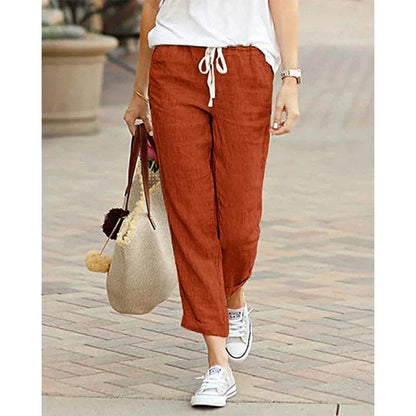 Women's Trousers - Relaxed Fit - Lightweight Cotton/Linen - Drawstring Waist - Straight Leg