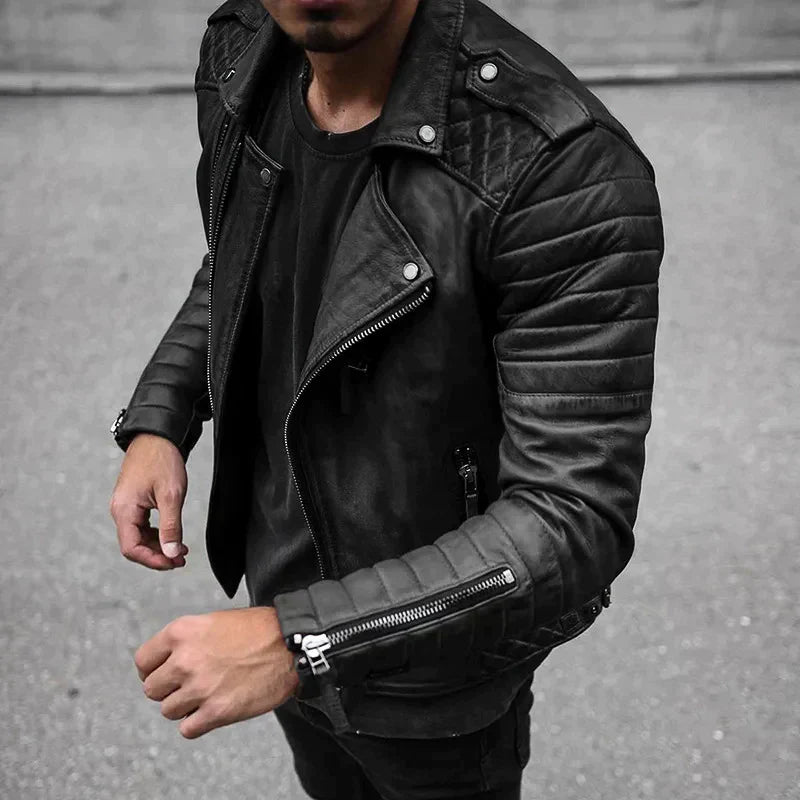 Men’s Biker Jacket – Leather – Structured Fit – Quilted Shoulders – Zip Detail