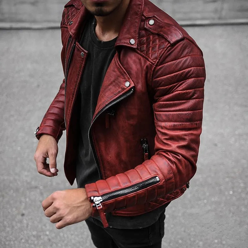 Men’s Biker Jacket – Leather – Structured Fit – Quilted Shoulders – Zip Detail