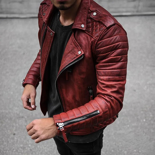 Men’s Biker Jacket – Leather – Structured Fit – Quilted Shoulders – Zip Detail