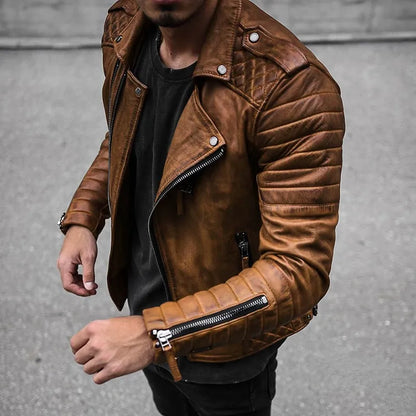 Men’s Biker Jacket – Leather – Structured Fit – Quilted Shoulders – Zip Detail