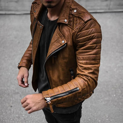 Men’s Biker Jacket – Leather – Structured Fit – Quilted Shoulders – Zip Detail