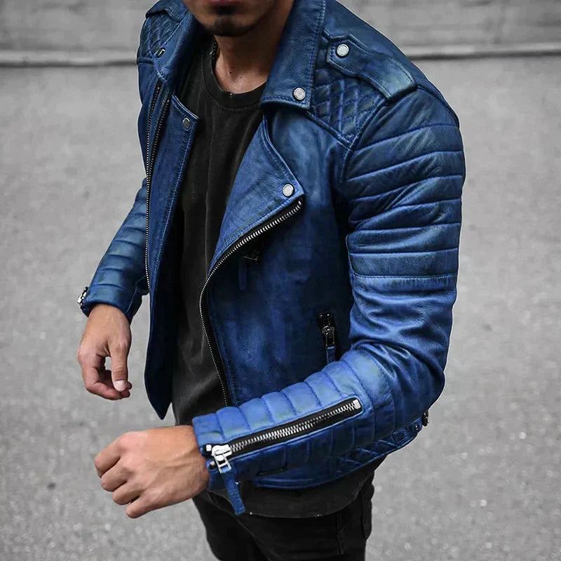 Men’s Biker Jacket – Leather – Structured Fit – Quilted Shoulders – Zip Detail