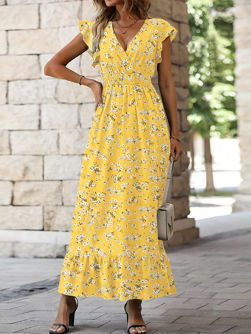 Women's Maxi Dress - V-Neck - Smocked Waist - Ruffle Sleeves & Hem - Floral Print