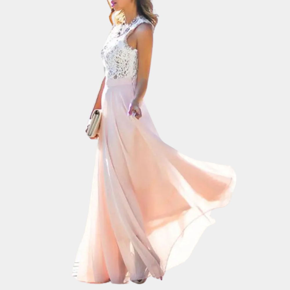 Women's Formal Gown - Sleeveless Lace Bodice - Fitted Waist - Flowing Elegant Skirt