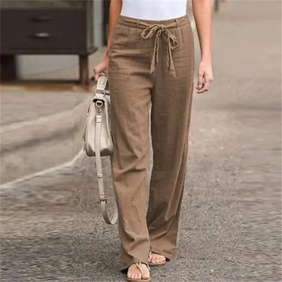 Women’s Wide Leg Trousers – Cotton Linen Blend – High Waist – Pleated Front – Waist Tie