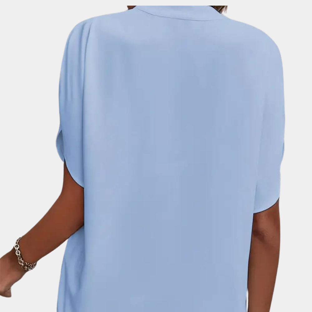 Women's Blouse - V-Neck Stand Collar - Short Sleeve Lightweight Relaxed Fit