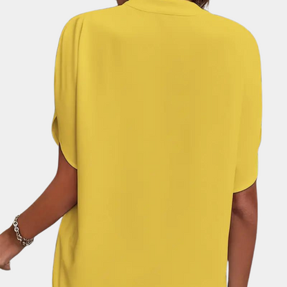 Women's Blouse - V-Neck Stand Collar - Short Sleeve Lightweight Relaxed Fit