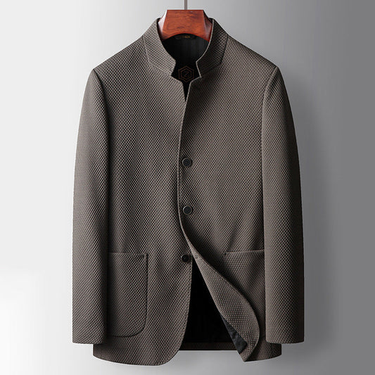 Men’s Business Jacket – Tailored Fit – Wool Blend – Mandarin Collar – Single Breasted
