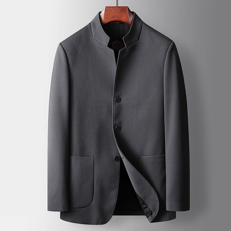 Men’s Business Jacket – Tailored Fit – Wool Blend – Mandarin Collar – Single Breasted