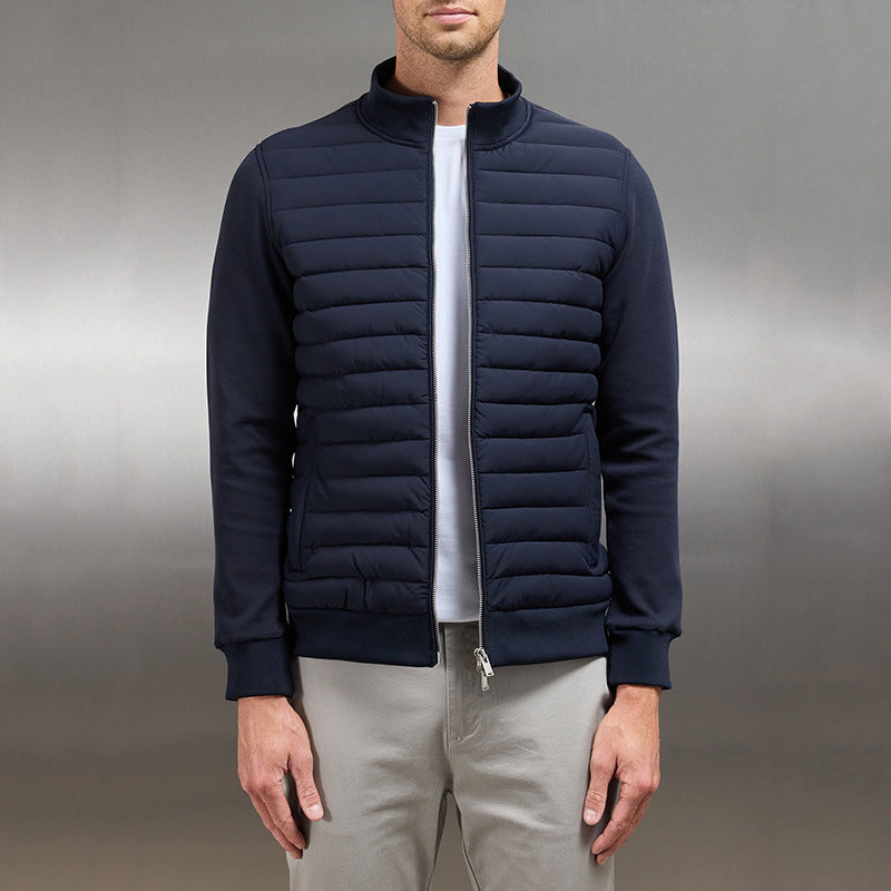 Men’s Hybrid Jacket – Quilted Body – Knit Sleeves – Slim Fit – Zip Front – Stand Collar