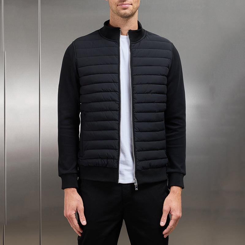 Men’s Hybrid Jacket – Quilted Body – Knit Sleeves – Slim Fit – Zip Front – Stand Collar