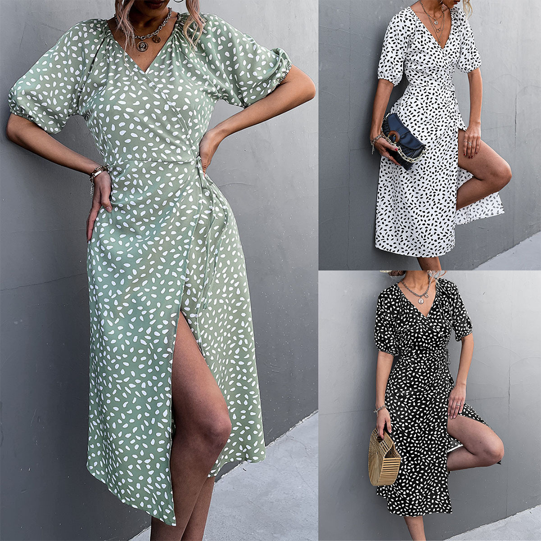 Women's Wrap Dress - Polka Dot Print - Midi Length - Puff Sleeve V-Neck Elegant Fit