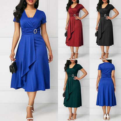 Women's Midi Dress - V-Neck Wrap Style - Short Sleeve Elegant Fit - Buckle Detail