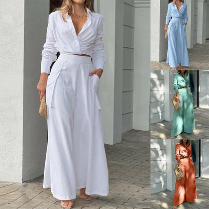 Women's Two-Piece Linen Set - Long Sleeve Wrap Crop Top & High-Waist Wide-Leg Pants - Breathable Fabric