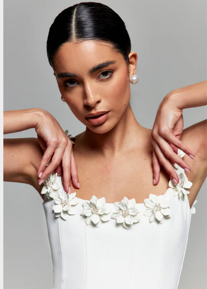 Women’s Mini Dress – Fitted Bodice – A-Line Shape – Floral Neckline Detail