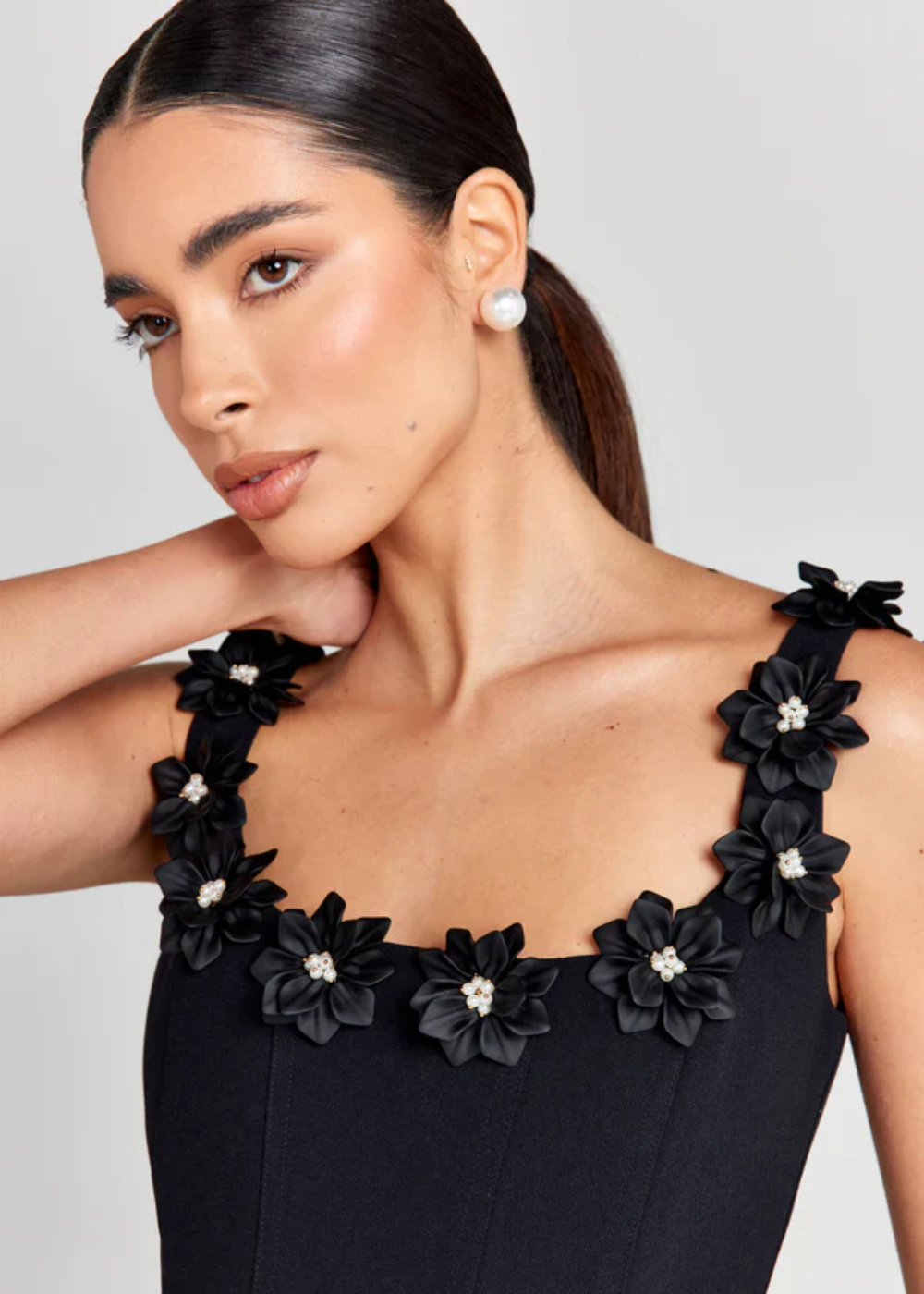 Women’s Mini Dress – Fitted Bodice – A-Line Shape – Floral Neckline Detail
