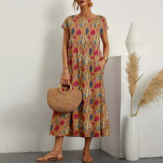 Women’s Midi Dress – Cotton Linen – Loose Fit – A-Line – Short Sleeve Floral Print