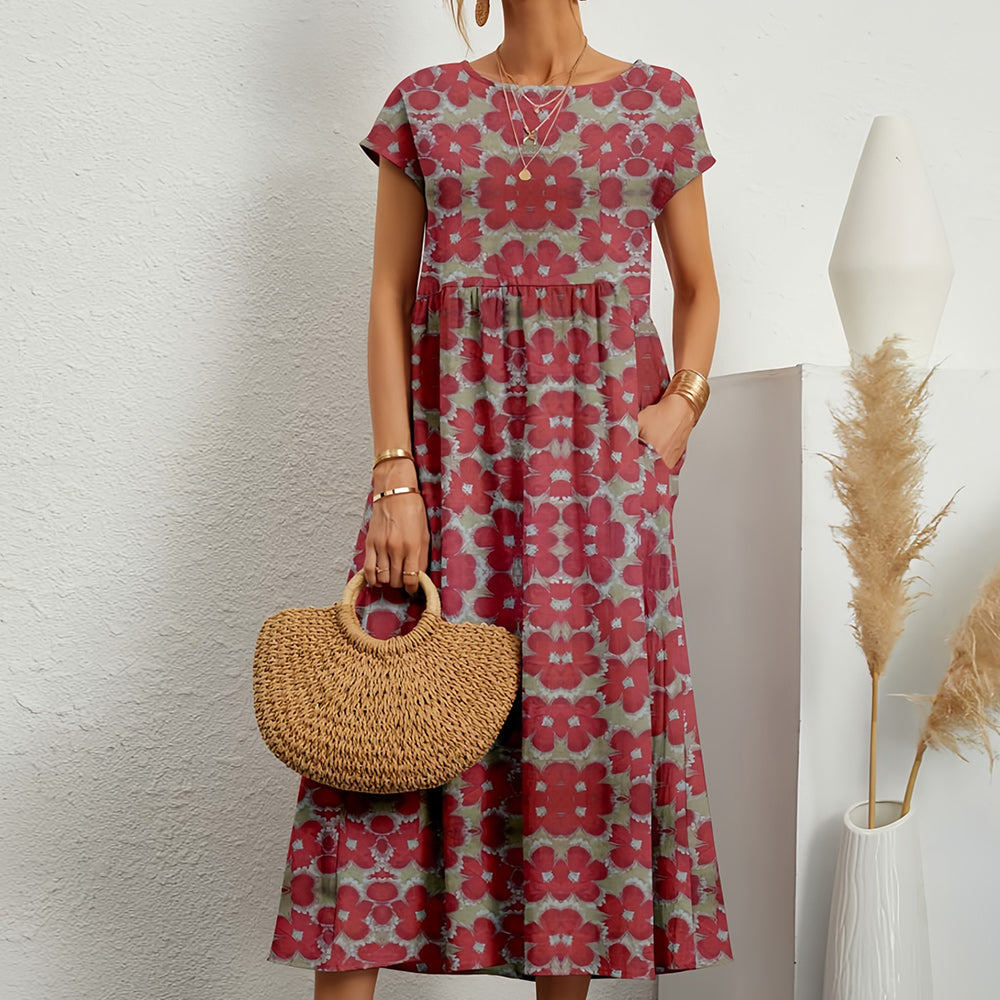 Women’s Midi Dress – Cotton Linen – Loose Fit – A-Line – Short Sleeve Floral Print