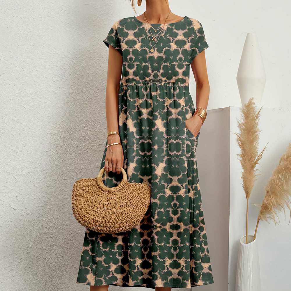 Women’s Midi Dress – Cotton Linen – Loose Fit – A-Line – Short Sleeve Floral Print
