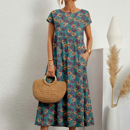 Women’s Midi Dress – Cotton Linen – Loose Fit – A-Line – Short Sleeve Floral Print