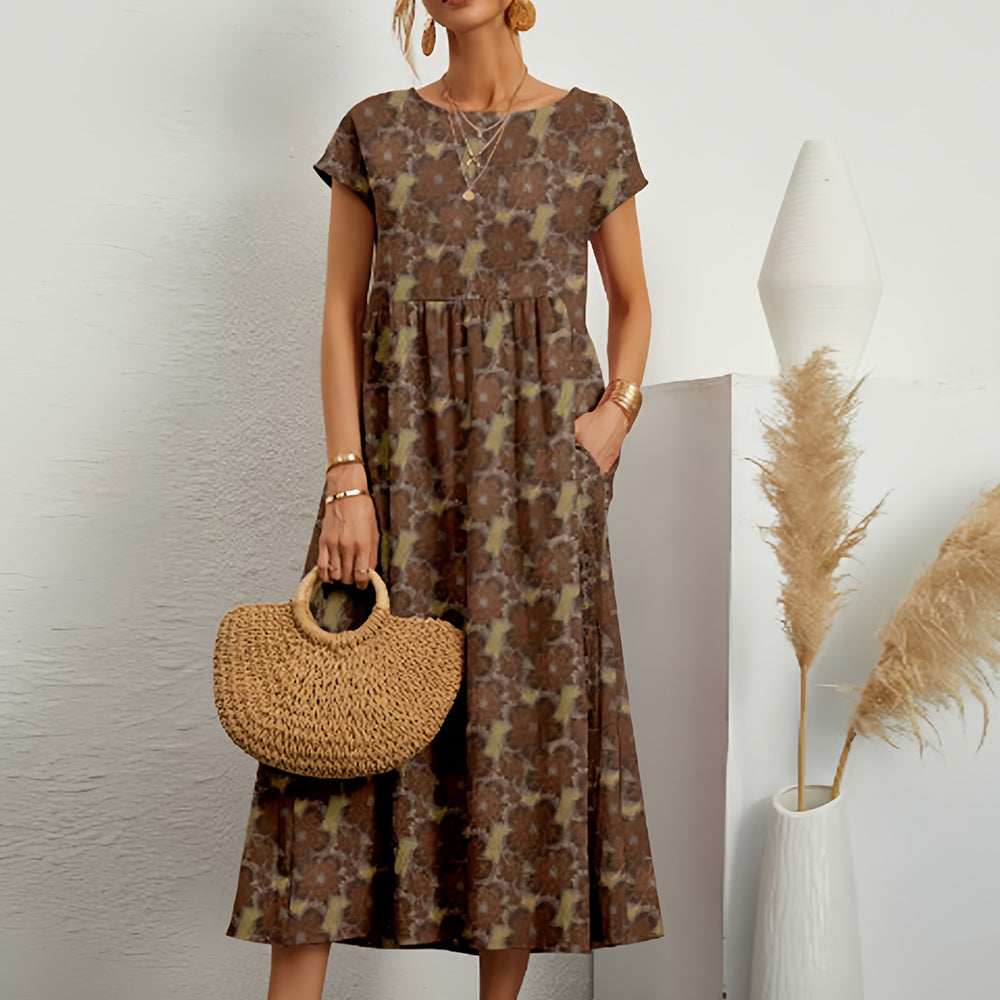 Women’s Midi Dress – Cotton Linen – Loose Fit – A-Line – Short Sleeve Floral Print