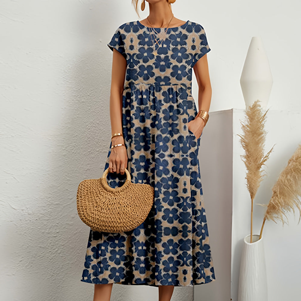 Women’s Midi Dress – Cotton Linen – Loose Fit – A-Line – Short Sleeve Floral Print