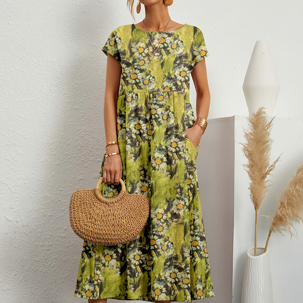 Women’s Midi Dress – Cotton Linen – Loose Fit – A-Line – Short Sleeve Floral Print