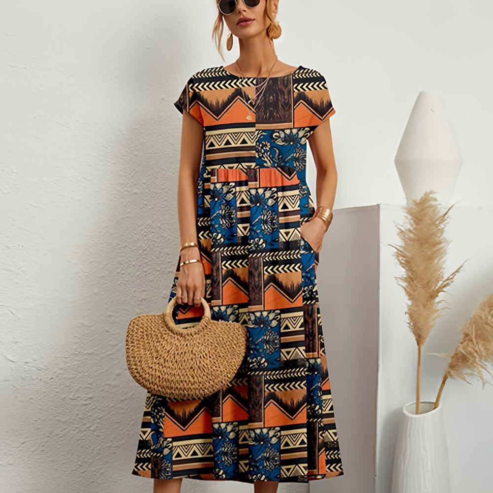 Women’s Midi Dress – Cotton Linen – Loose Fit – A-Line – Short Sleeve Floral Print