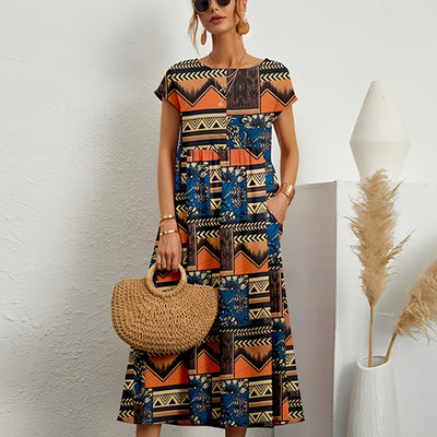 Women’s Midi Dress – Cotton Linen – Loose Fit – A-Line – Short Sleeve Floral Print