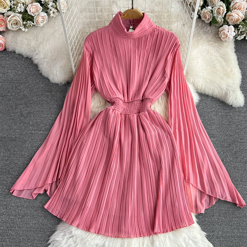 Women's Pleated Dress - High Neck - Long Sleeve - Elastic Waist - Flared Skirt