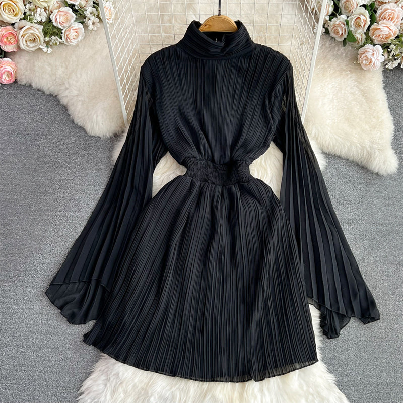 Women's Pleated Dress - High Neck - Long Sleeve - Elastic Waist - Flared Skirt