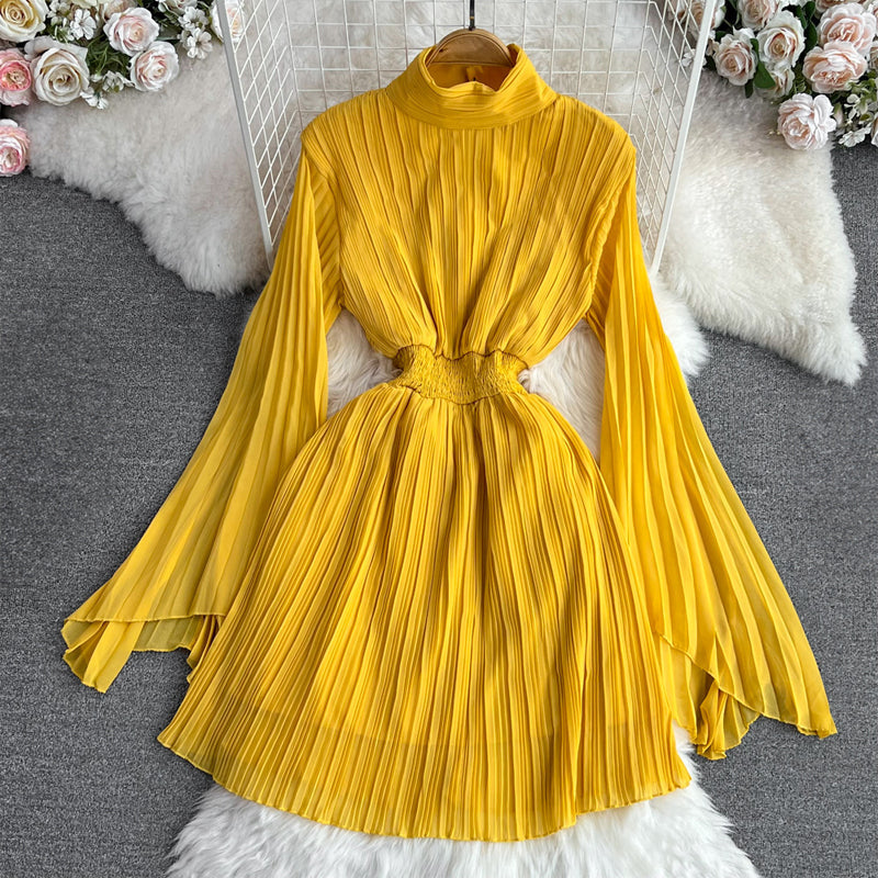 Women's Pleated Dress - High Neck - Long Sleeve - Elastic Waist - Flared Skirt