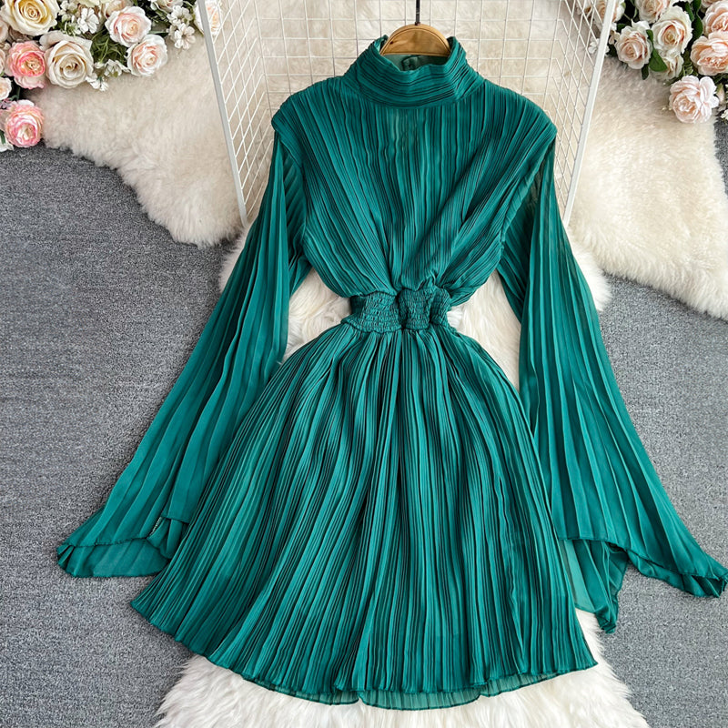 Women's Pleated Dress - High Neck - Long Sleeve - Elastic Waist - Flared Skirt