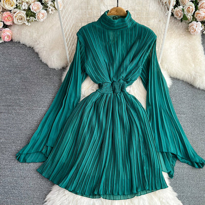 Women's Pleated Dress - High Neck - Long Sleeve - Elastic Waist - Flared Skirt