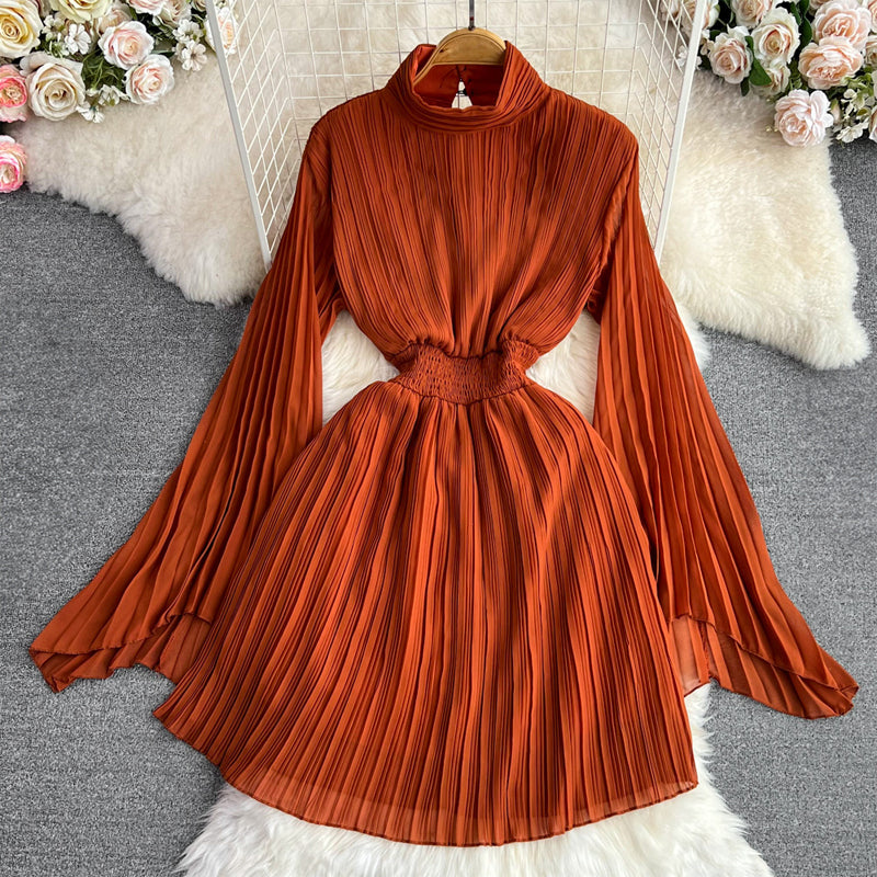 Women's Pleated Dress - High Neck - Long Sleeve - Elastic Waist - Flared Skirt