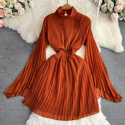 Women's Pleated Dress - High Neck - Long Sleeve - Elastic Waist - Flared Skirt
