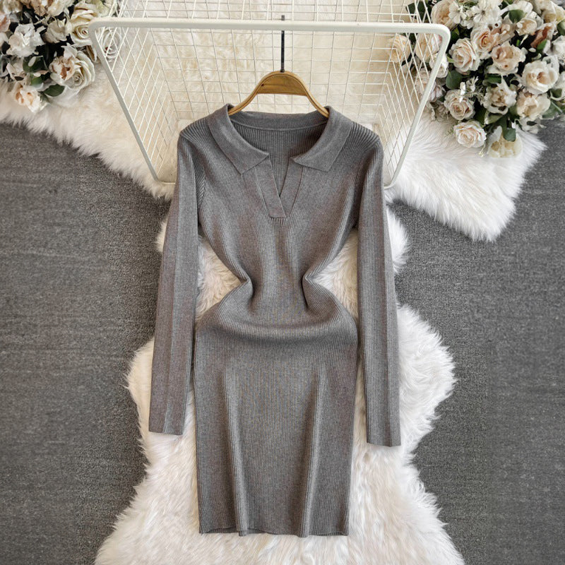 Women's Knitted Dress - Ribbed Bodycon - Collared V-Neck - Long Sleeve Knee-Length