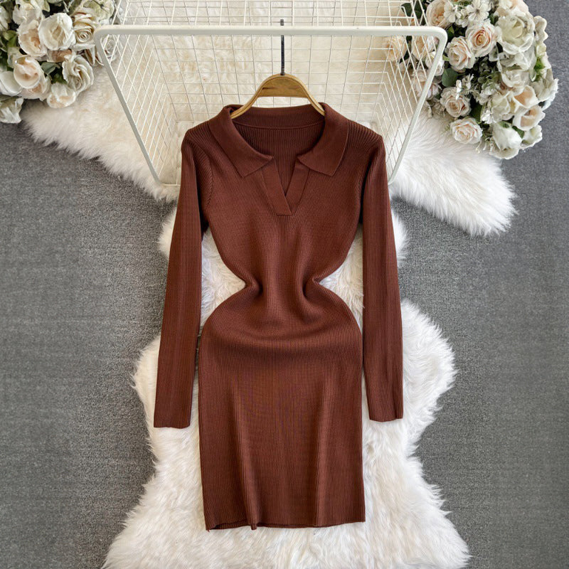 Women's Knitted Dress - Ribbed Bodycon - Collared V-Neck - Long Sleeve Knee-Length